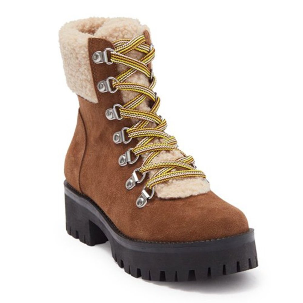 NWT Steve Madden Aniko Boot Faux Fur Trim Lug Sole Lace Up Platforms Chestnut 7 - Picture 1 of 9